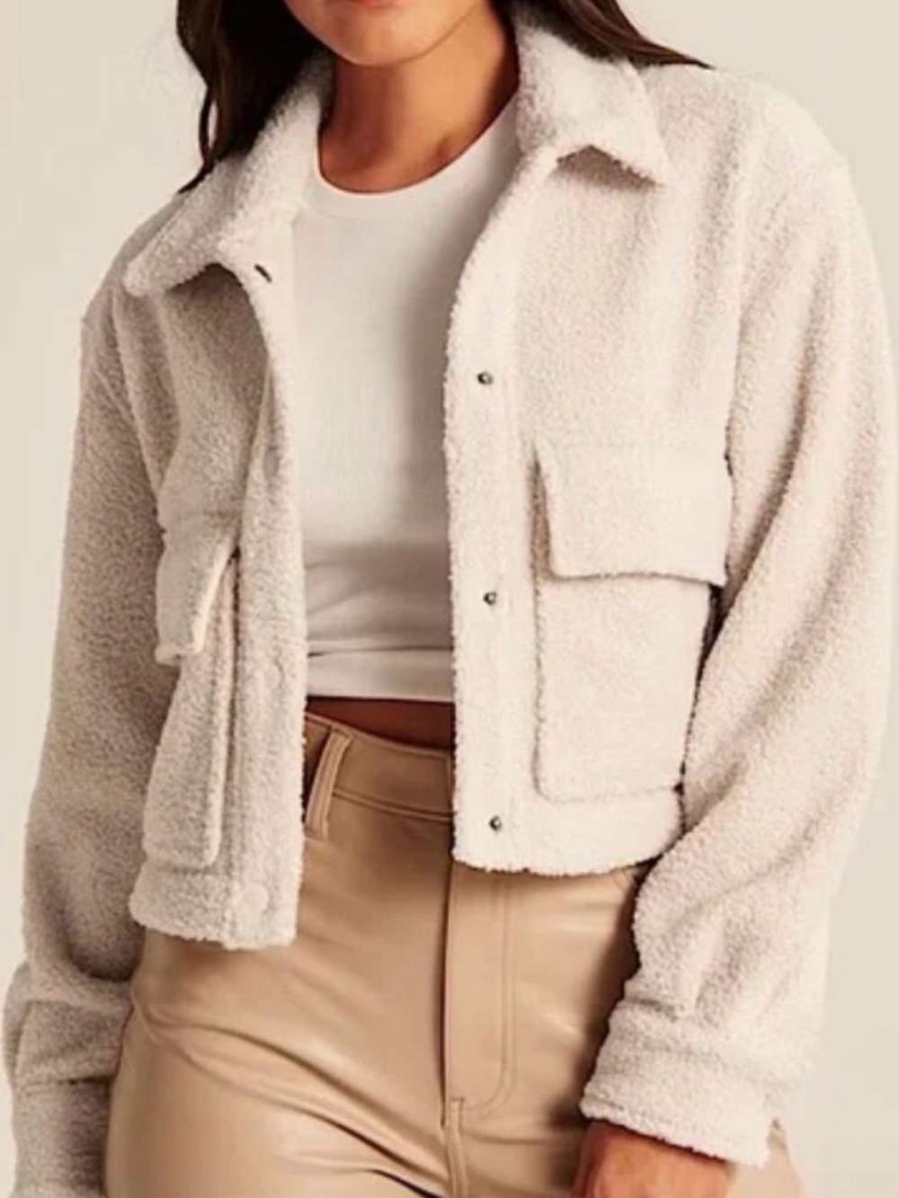 Abercrombie & Fitch Cream Cropped Sherpa Shirt Jacket